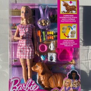 Barbie Pink Gingham Dress Doll with Brown Puppy and Purple Pet Carrier